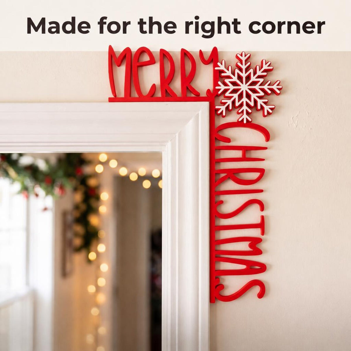 Merry Christmas Door Corner Sign, Red & White Snowflake Door Frame Topper