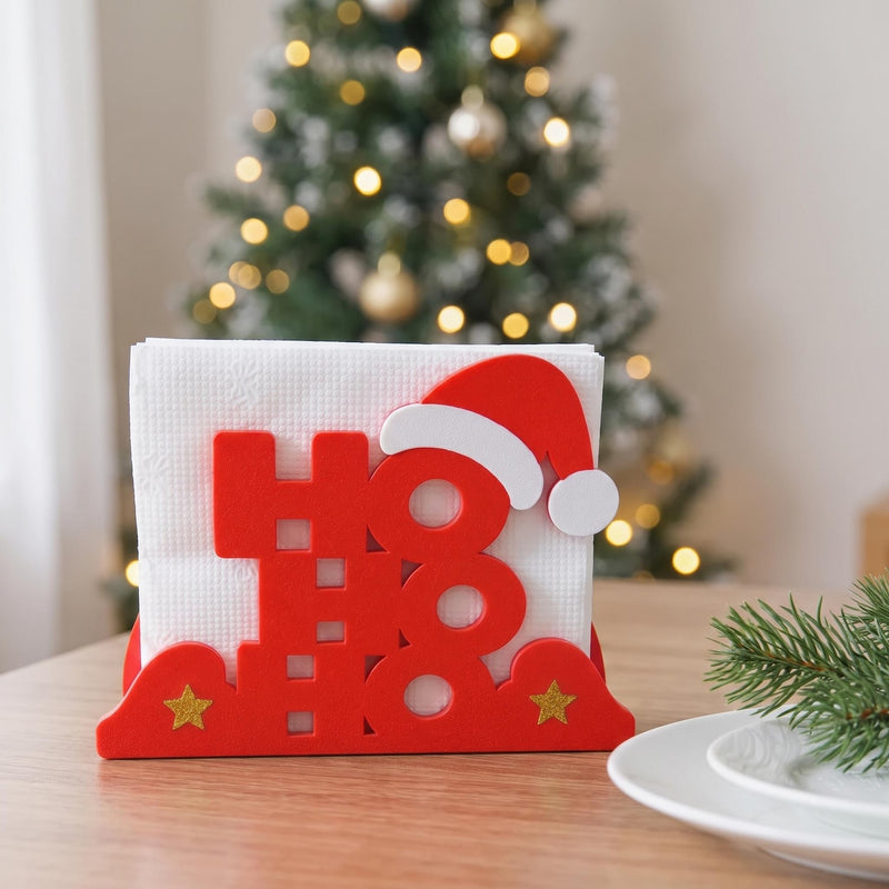 Christmas Napkin Holder, Ho Ho Ho Santa Hat Holiday Table Decor, Red