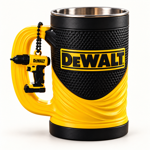 DeWalt 16 oz collectible mug and matching keychain on a clean background