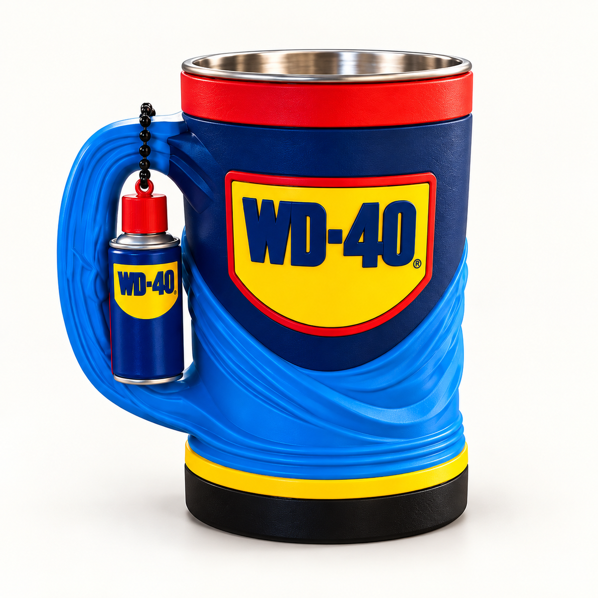 WD-40 16 oz collectible mug and matching keychain on a clean background