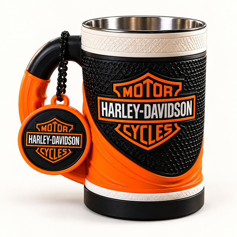Harley-Davidson 16 oz collectible mug and matching keychain on a clean background