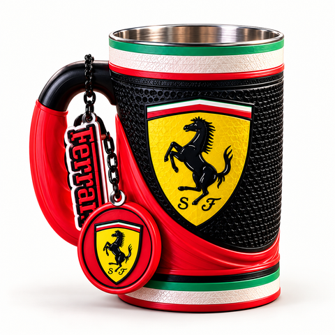Ferrari 16 oz collectible mug and matching keychain on a clean background