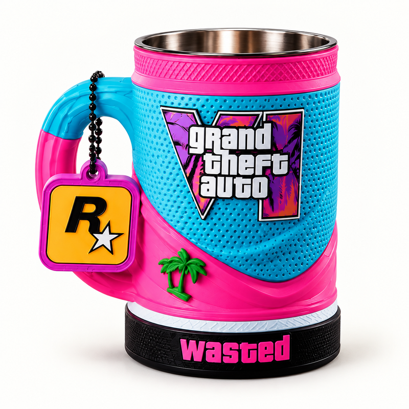 GTA VI – Cyan & Pink Wasted 16 oz collectible mug and matching keychain on a clean background