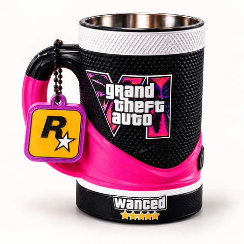 GTA VI – Black & Pink Wanted 16 oz collectible mug and matching keychain on a clean background