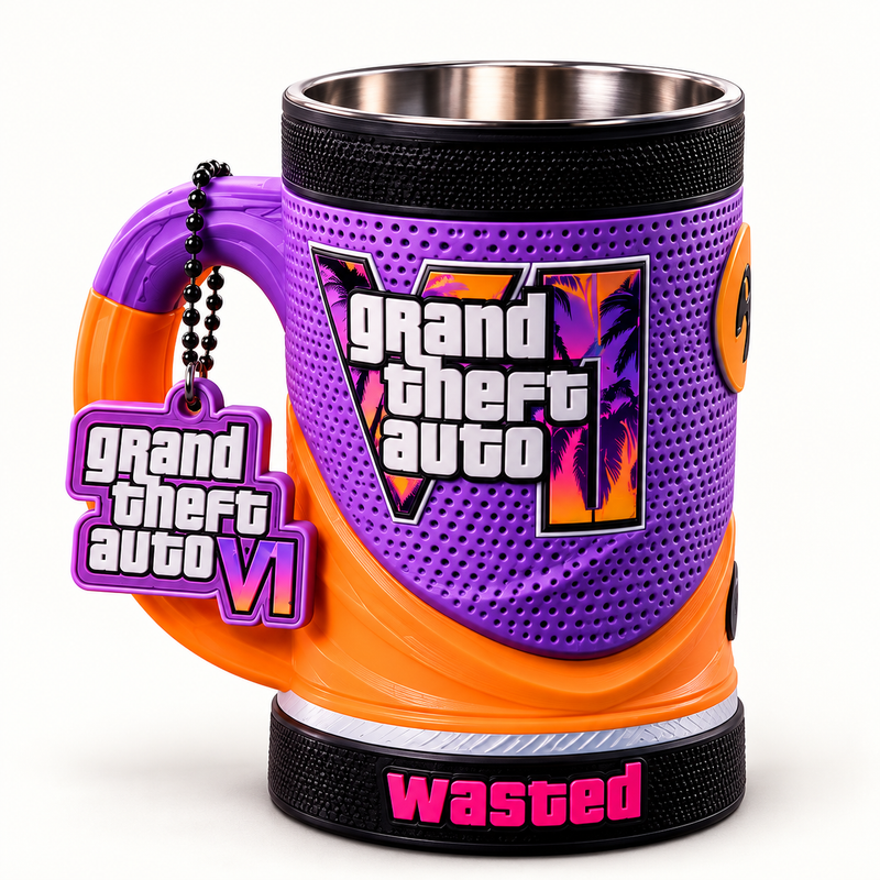 GTA VI – Purple & Orange Wasted 16 oz collectible mug and matching keychain on a clean background