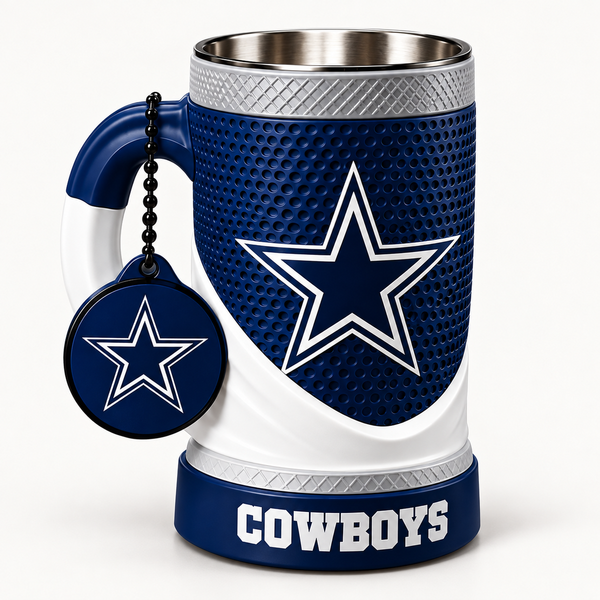 Dallas Cowboys 16 oz collectible mug and matching keychain on a clean background