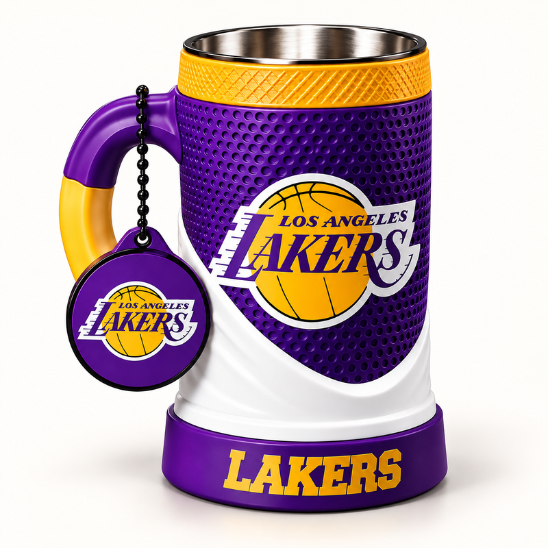 Los Angeles Lakers – White Wrap 16 oz collectible mug and matching keychain on a clean background