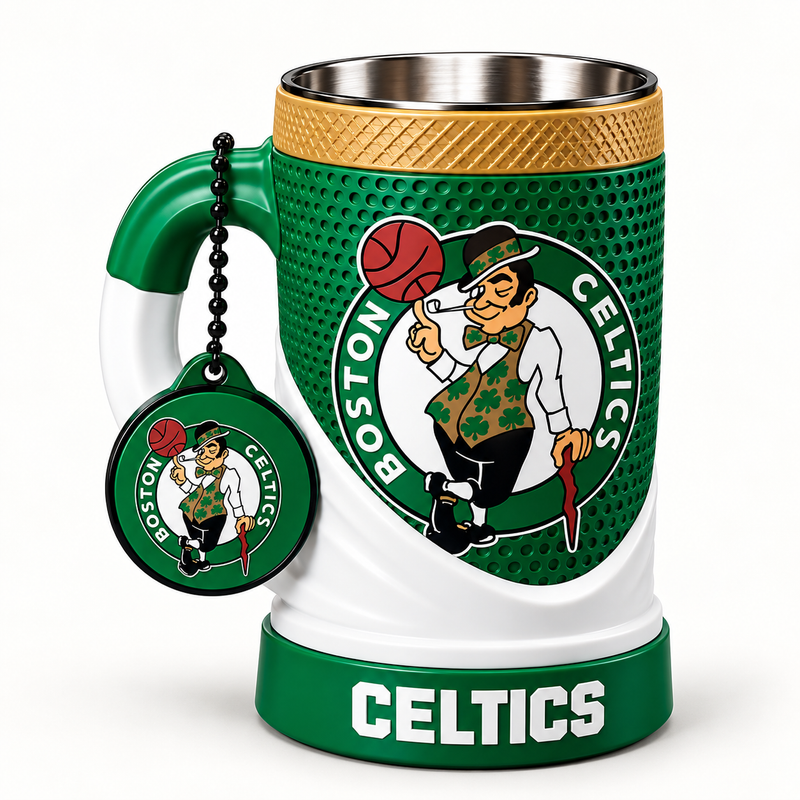 Boston Celtics 16 oz collectible mug and matching keychain on a clean background