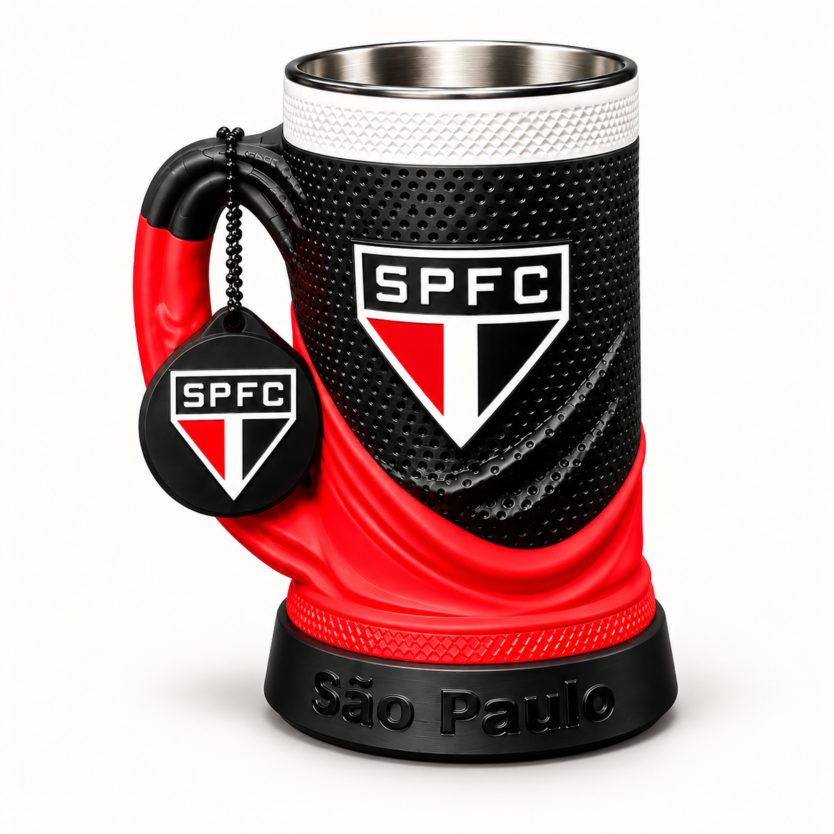 São Paulo FC 16 oz collectible mug and matching keychain on a clean background