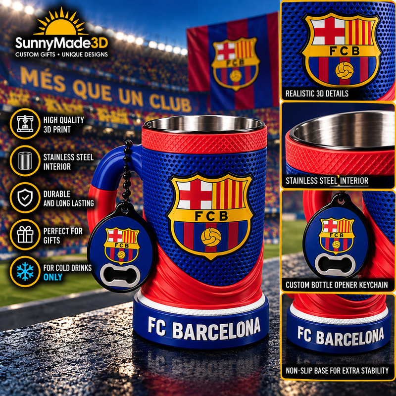 FC Barcelona 3D collectible mug with solid blue body, red sculpted lower section, stainless steel interior and matching keychain