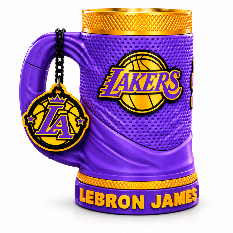 Purple and gold Lakers collectible mug with LeBron James base lettering and LA crown bottle-opener keychain