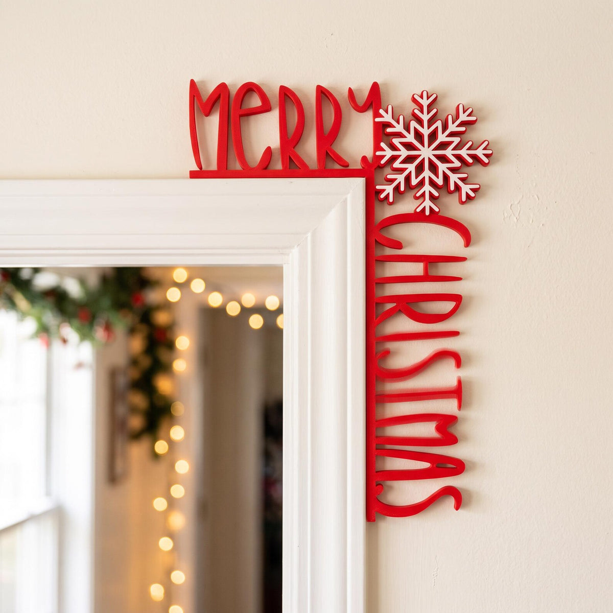 Merry Christmas Door Corner Sign, Red & White Snowflake Door Frame Topper