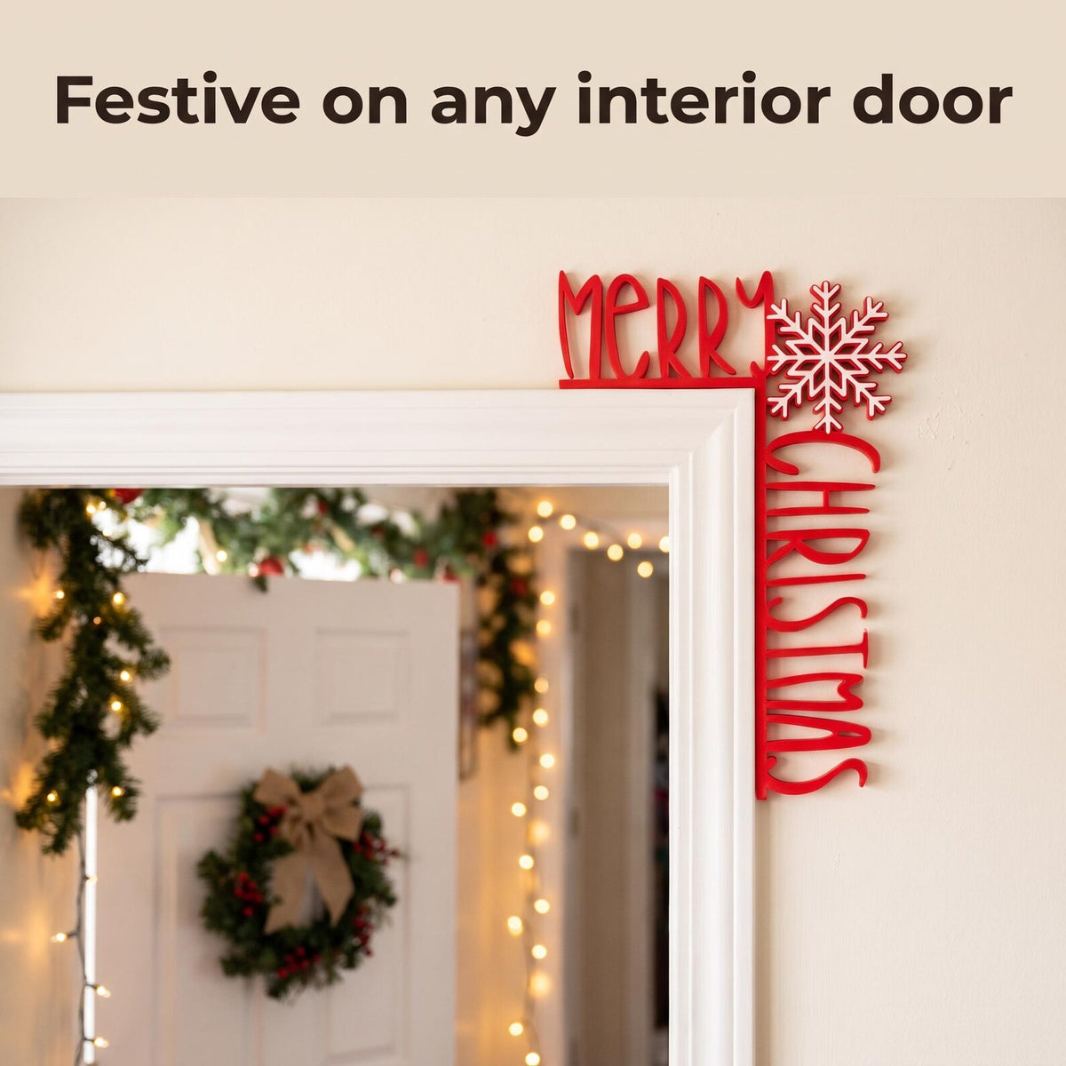 Merry Christmas Door Corner Sign, Red & White Snowflake Door Frame Topper