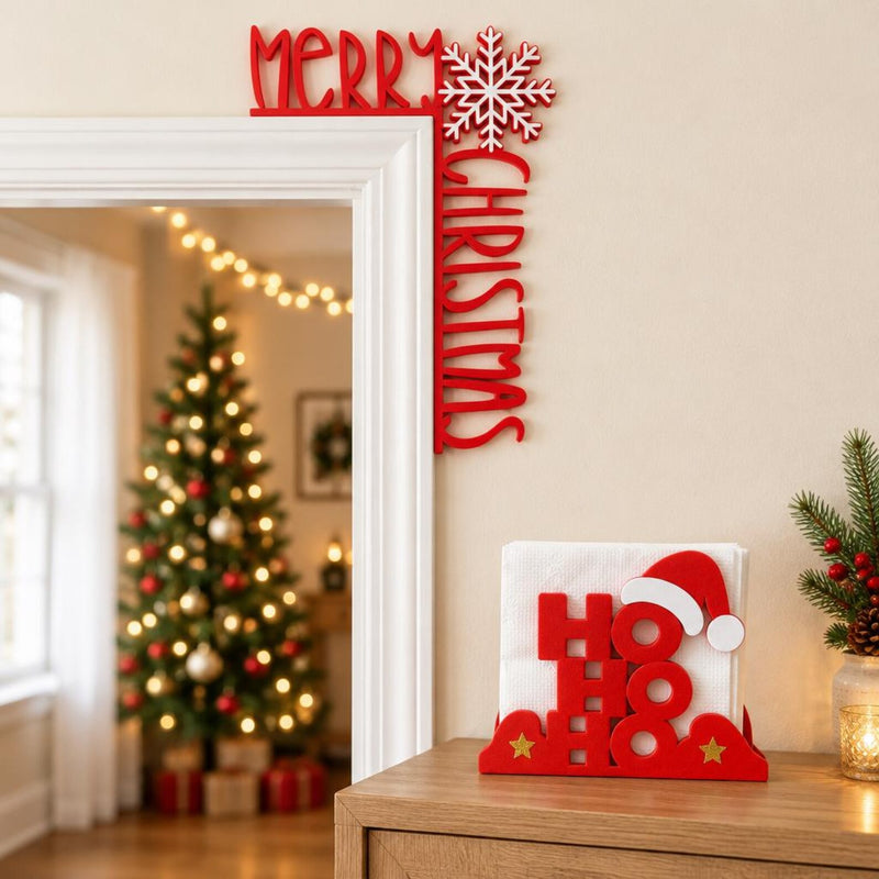 Christmas Decor Set, Ho Ho Ho Napkin Holder & Merry Christmas Door Corner