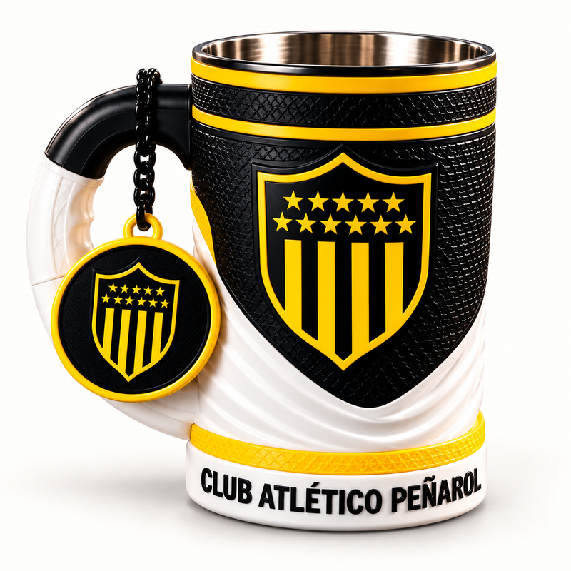 Peñarol 16 oz collectible mug and matching keychain on a clean background