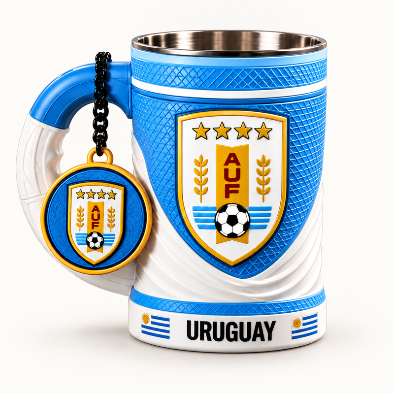 Uruguay 16 oz collectible mug and matching keychain on a clean background