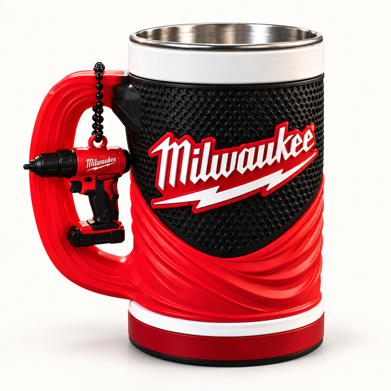 Milwaukee 16 oz collectible mug and matching keychain on a clean background