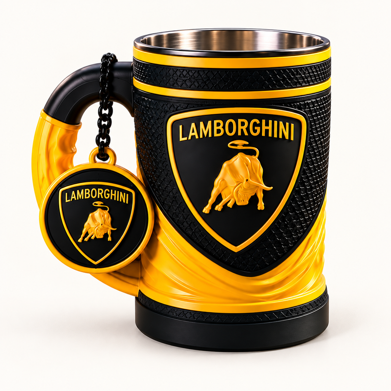 Lamborghini 16 oz collectible mug and matching keychain on a clean background