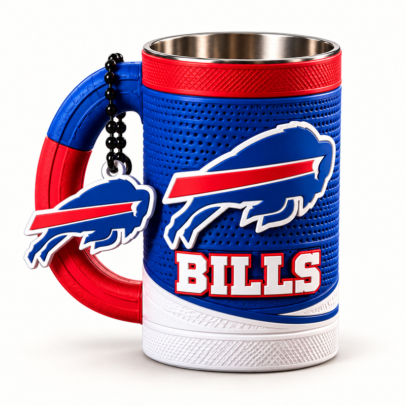 Buffalo Bills 16 oz collectible mug and matching keychain on a clean background