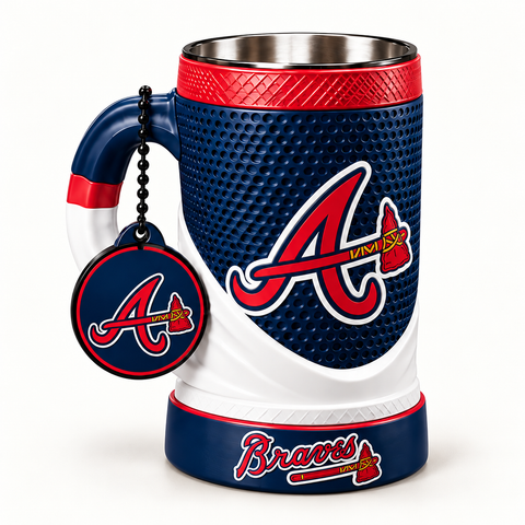 Atlanta Braves 16 oz collectible mug and matching keychain on a clean background