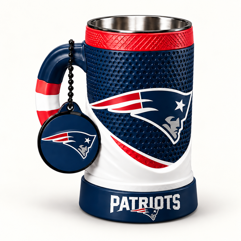 New England Patriots 16 oz collectible mug and matching keychain on a clean background