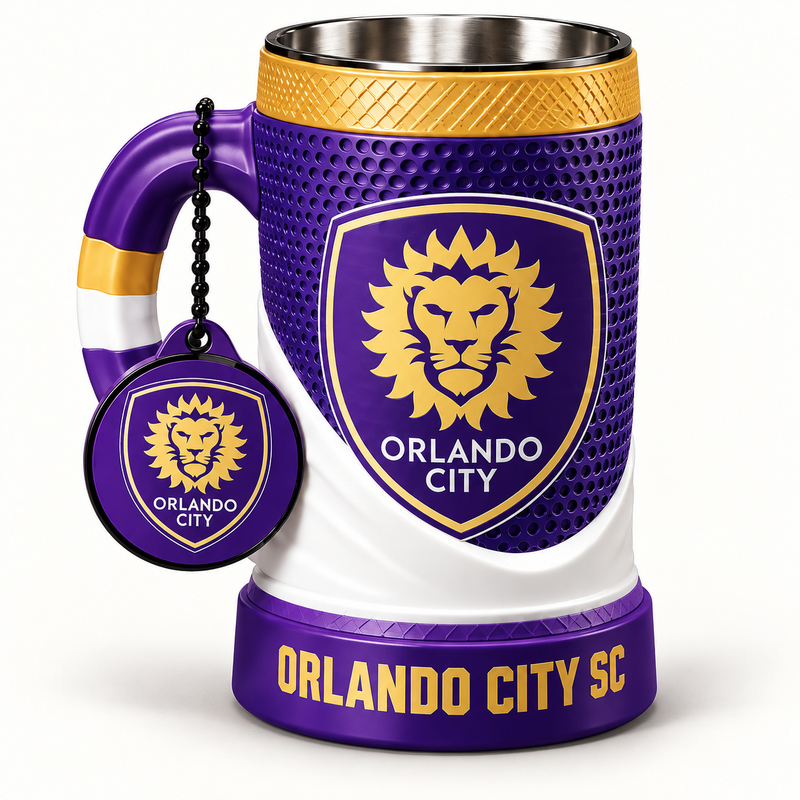 Orlando City SC 16 oz collectible mug and matching keychain on a clean background