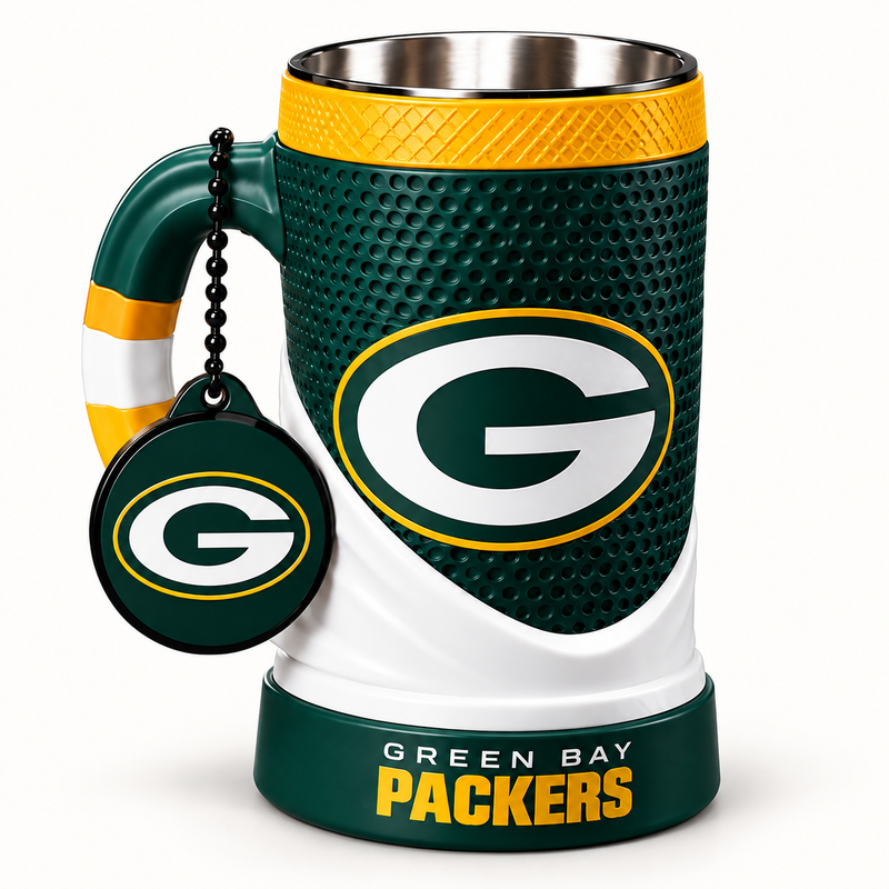 Green Bay Packers – White Wrap 16 oz collectible mug and matching keychain on a clean background