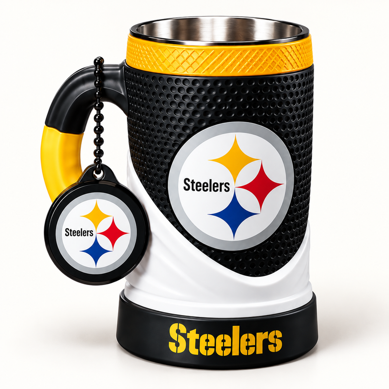 Pittsburgh Steelers 16 oz collectible mug and matching keychain on a clean background