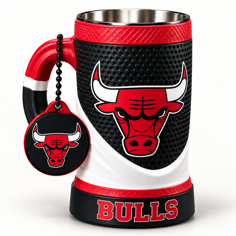 Chicago Bulls 16 oz collectible mug and matching keychain on a clean background