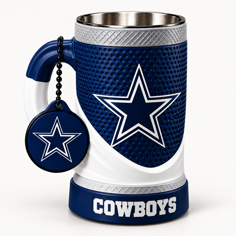 Dallas Cowboys 16 oz collectible mug and matching keychain on a clean background