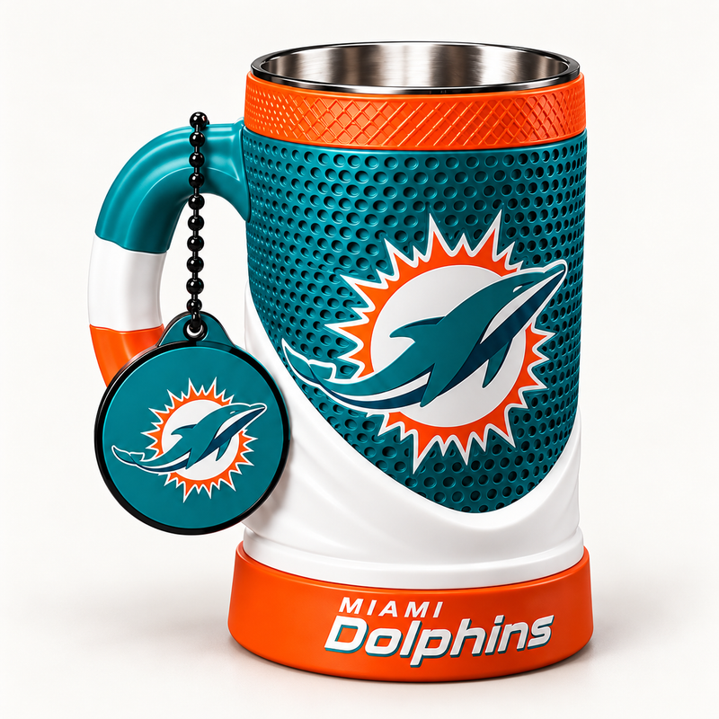 Miami Dolphins 16 oz collectible mug and matching keychain on a clean background
