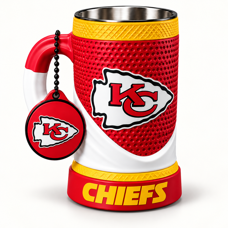 Kansas City Chiefs – White Wrap 16 oz collectible mug and matching keychain on a clean background