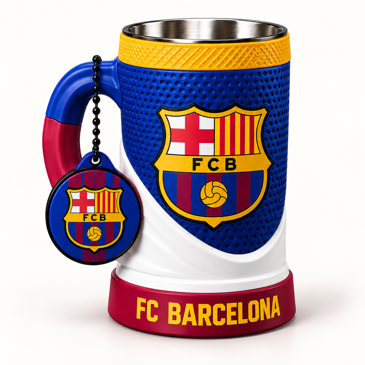 FC Barcelona – White Wrap 16 oz collectible mug and matching keychain on a clean background