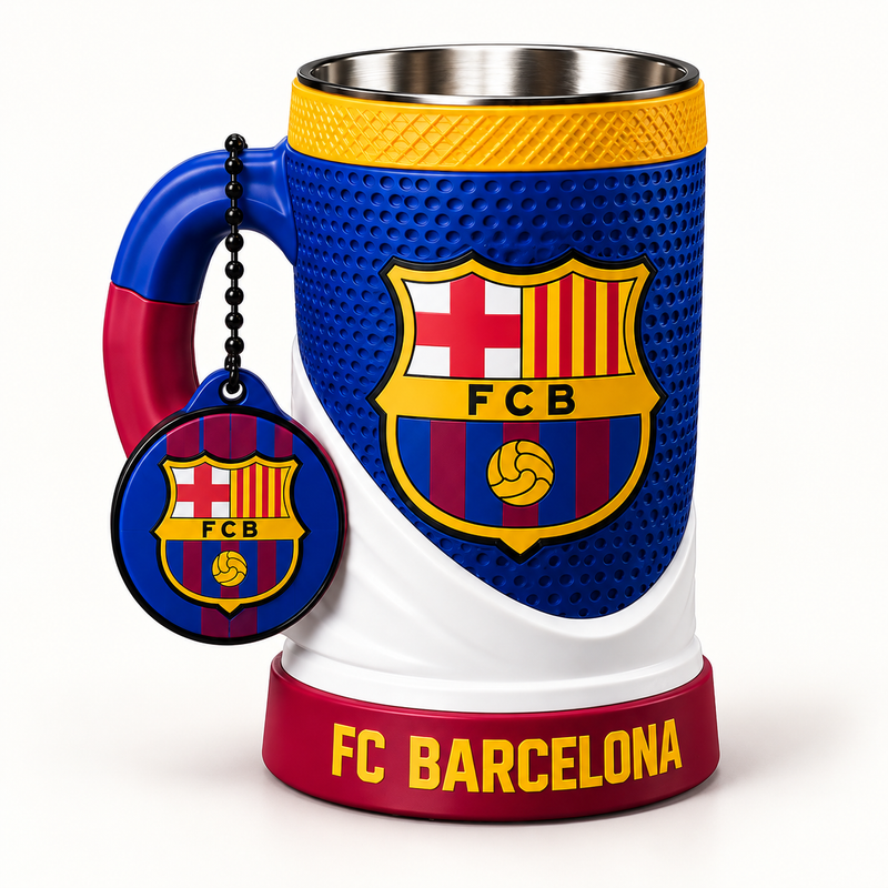 FC Barcelona – White Wrap 16 oz collectible mug and matching keychain on a clean background