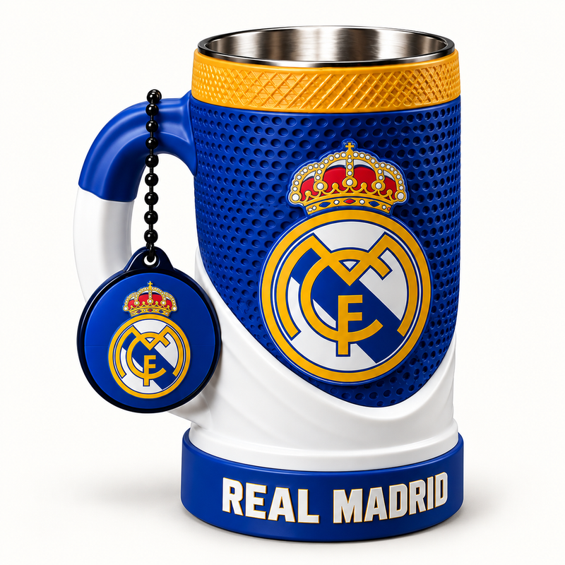 Real Madrid 16 oz collectible mug and matching keychain on a clean background