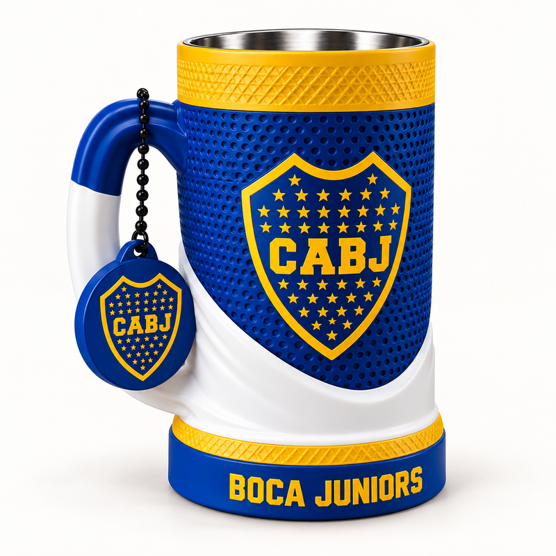Boca Juniors – White Wrap 16 oz collectible mug and matching keychain on a clean background