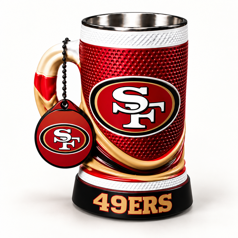 San Francisco 49ers 16 oz collectible mug and matching keychain on a clean background