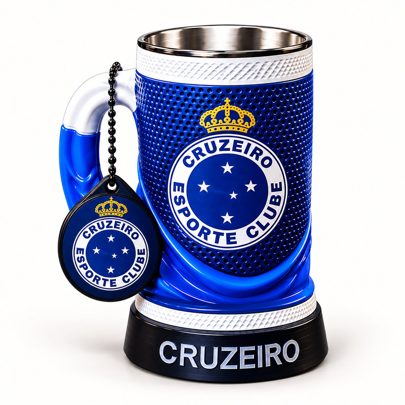 Cruzeiro 16 oz collectible mug and matching keychain on a clean background