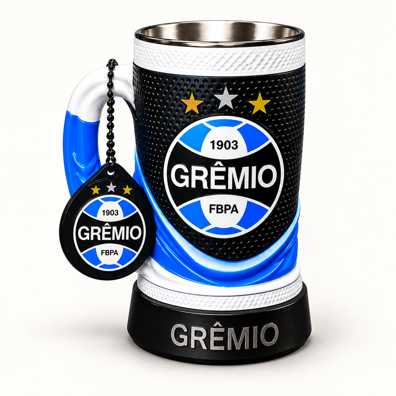Grêmio 16 oz collectible mug and matching keychain on a clean background