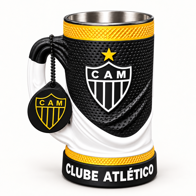Atlético Mineiro 16 oz collectible mug and matching keychain on a clean background