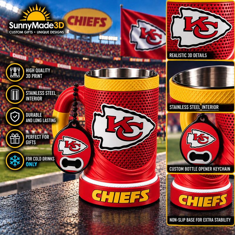 Kansas City Chiefs collectible 3D printed mug with red body, gold trim, stainless steel interior and matching keychain